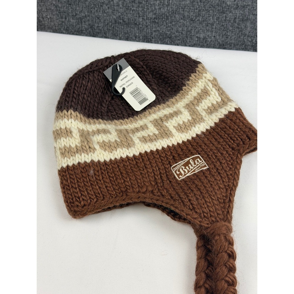 Bula Nepal Peruvian Earflap Beanie Hat Brown Knit Tassel Winter Ski Snow New NWT